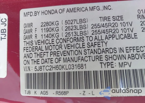 2019 Acura Rdx A-Spec Package from USA, damaged, VIN 5J8TC2H60KL031681